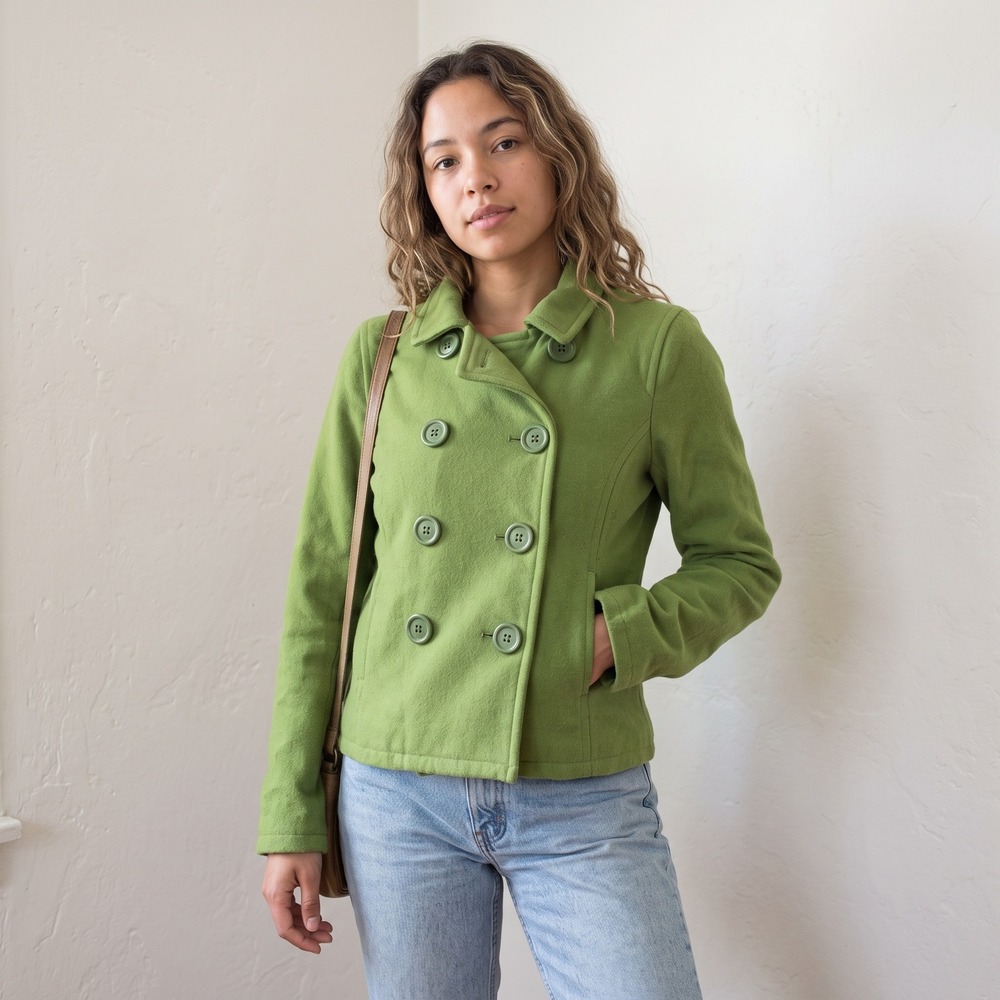 Vintage Y2K Abercrombie Womens Pea Coat Small Green Wool Double Breasted Preppy